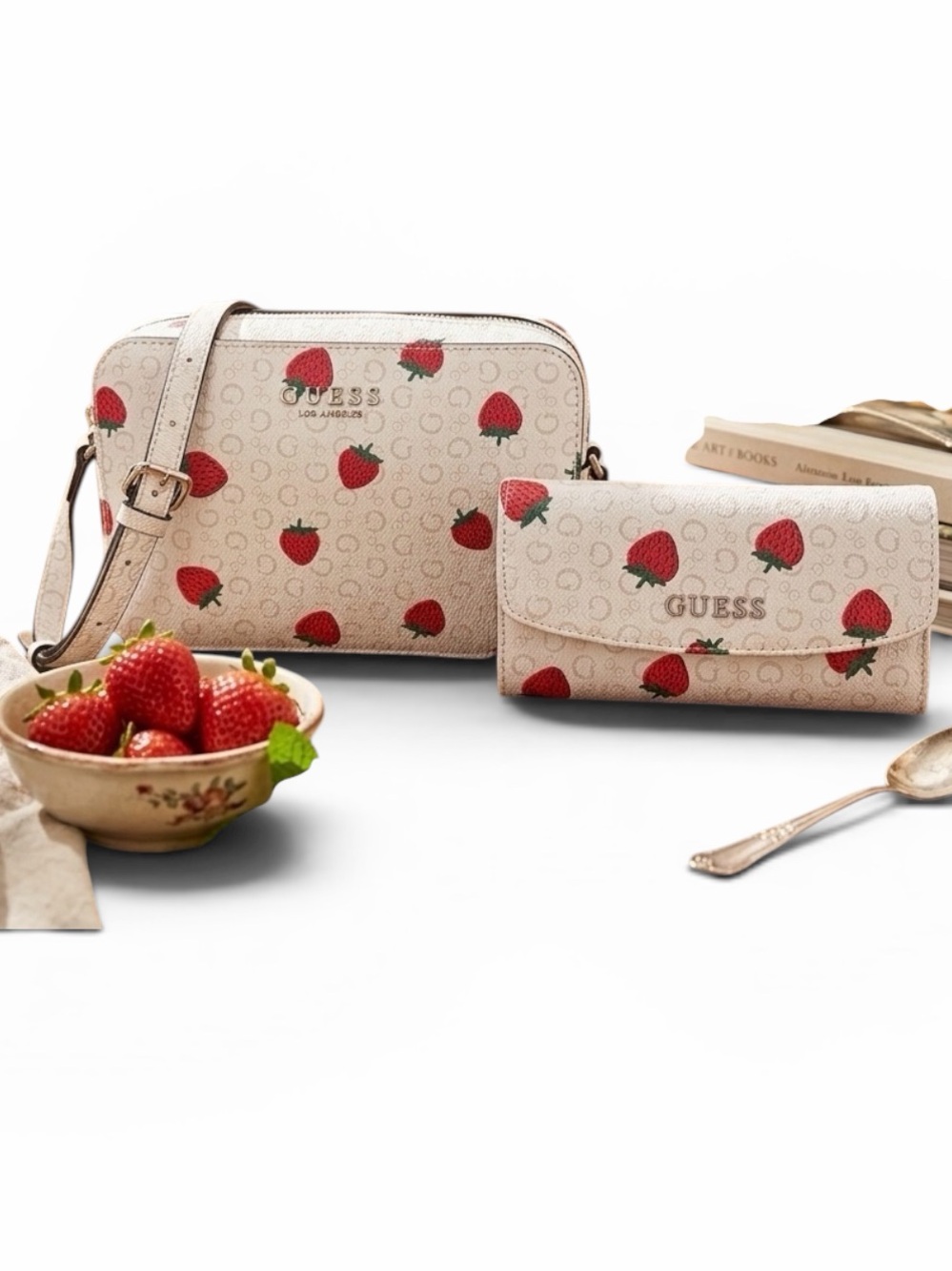 Guess Strawberry Print Camera Crossbody Bag Pale Pink & Matching Flap Wallet Set